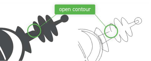 Screenshot of the same part shown in regular and outline mode in Inkscape, with a broken, open contour circled in green