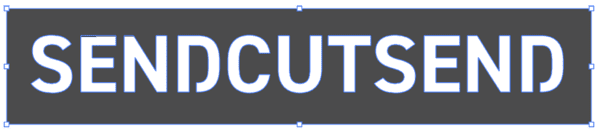 Illustration of "SendCutSend" cut out of a rectangle with bridging in the letters with internal geometry.