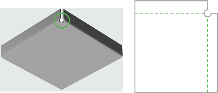 A part with two flanges nearly meeting at a corner, with a bend relief notch laser cut between them