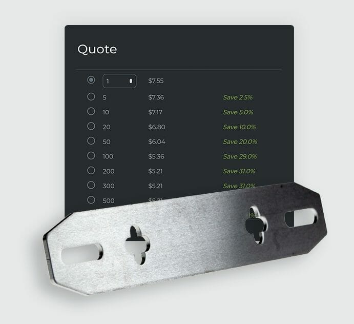 Image of the SendCutSend quantity discount screen with an aluminum part in front of it