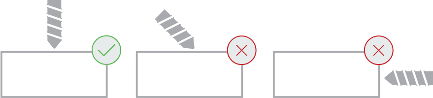 Three graphics that demonstrate perpendicular angles when tapping laser cut parts. 