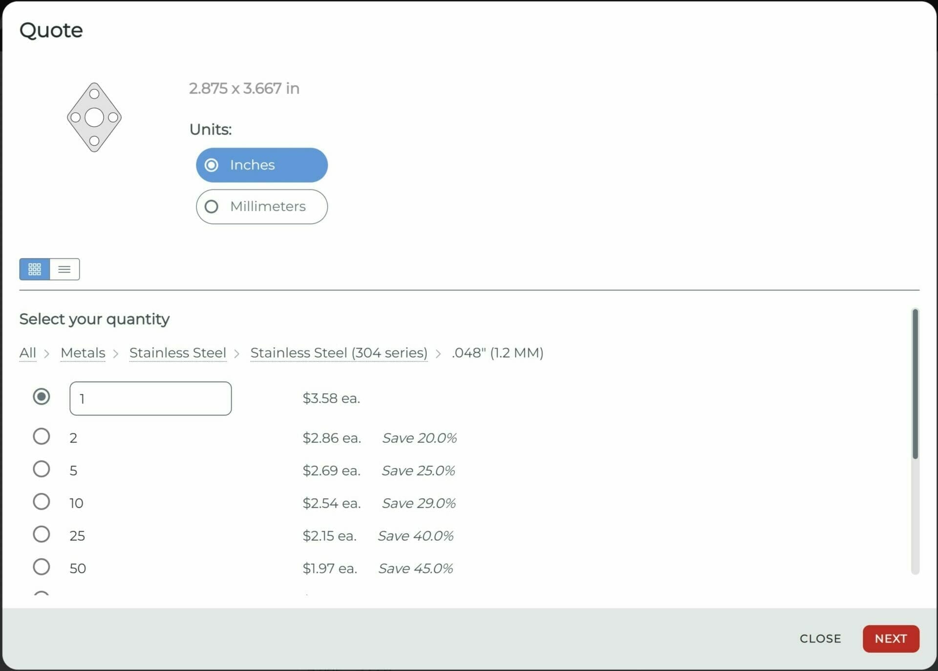 Screenshot from the SendCutSend instant quote tool showing a .048" 304 stainless steel bracket priced at $3.58 per bracket.