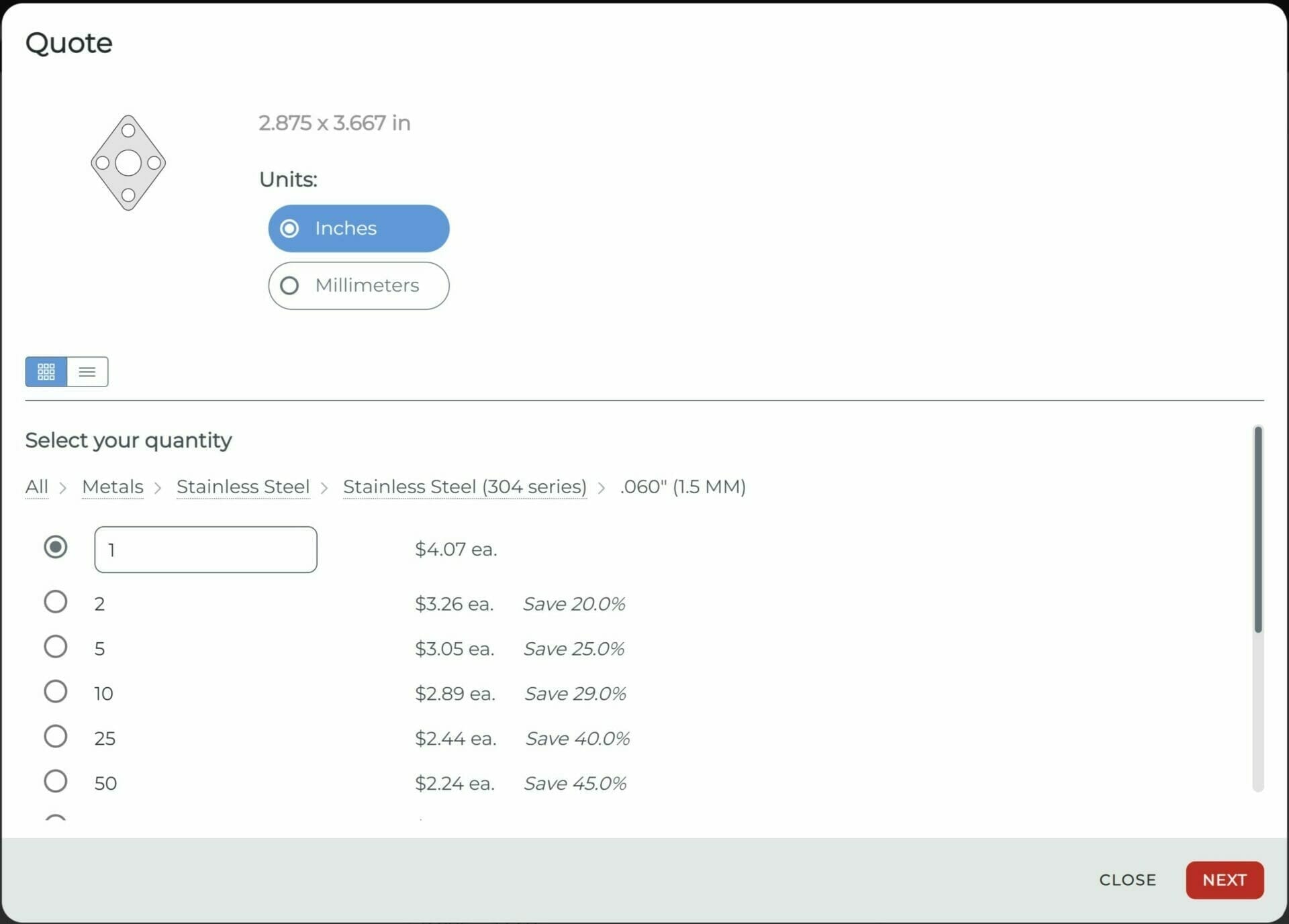 Screenshot from the SendCutSend instant quote tool showing a .060" 304 stainless steel bracket priced at $4.07 per bracket.