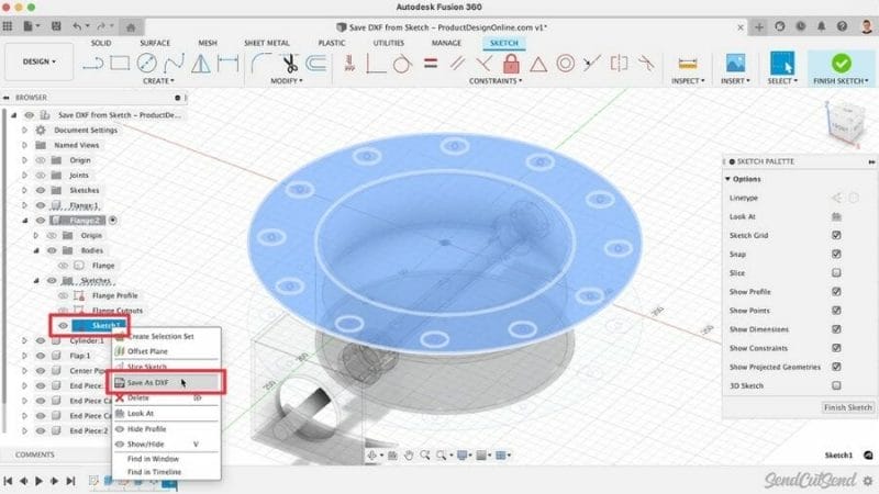 Screenshot from video showing Fusion 360 workflow for saving a DXF from a sketch.