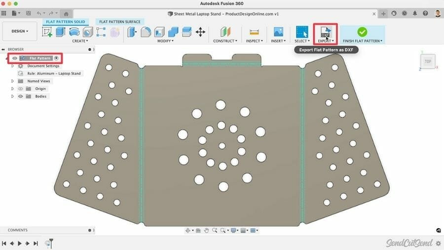 Screenshot from video showing Autodesk Fusion workflow for saving a DXF from a Flat Pattern.