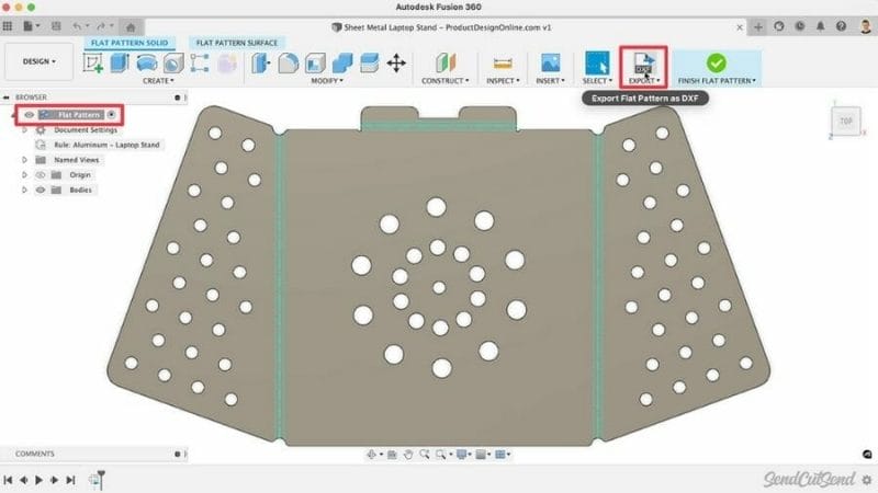 Screenshot from video showing Fusion 360 workflow for saving a DXF from a Flat Pattern.