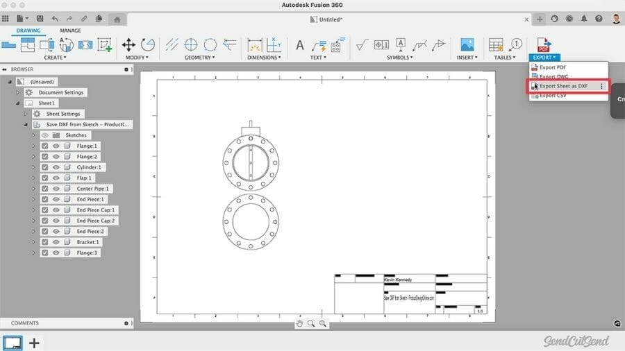 Screenshot from video showing Fusion 360 workflow for exporting a sheet as a DXF, which is not recommended.