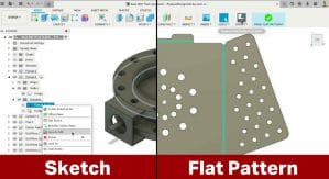 Screenshot showing side by side of two parts being exported from Fusion 360: one side showing a sketch, the other side showing a Flat Pattern.