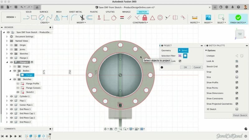 Screenshot from video showing Fusion 360 workflow for projecting all shapes and contours onto a sketch.