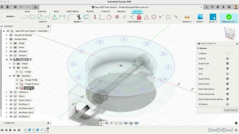 Screenshot from video showing Fusion 360 workflow for selecting and saving a DXF from a sketch.