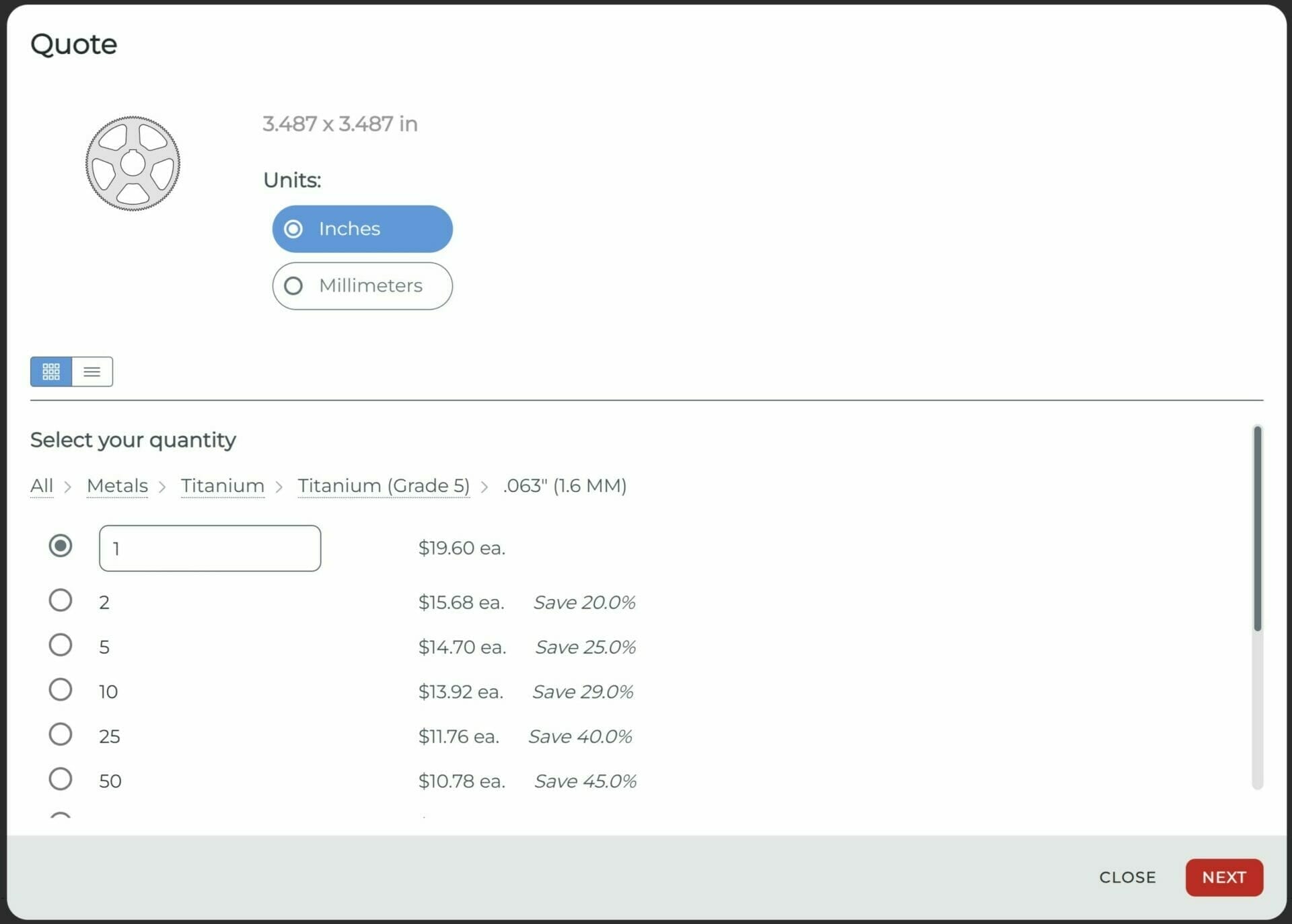 Screenshot from the SendCutSend instant pricing tool showing a Grade 5 titanium sprocket priced at $19.60 per sprocket.