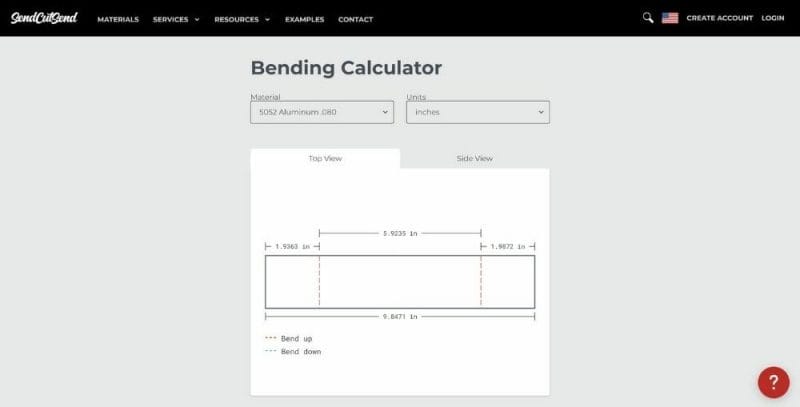 Screenshot of the SendCutSend bending calculator showing 5052 Aluminum