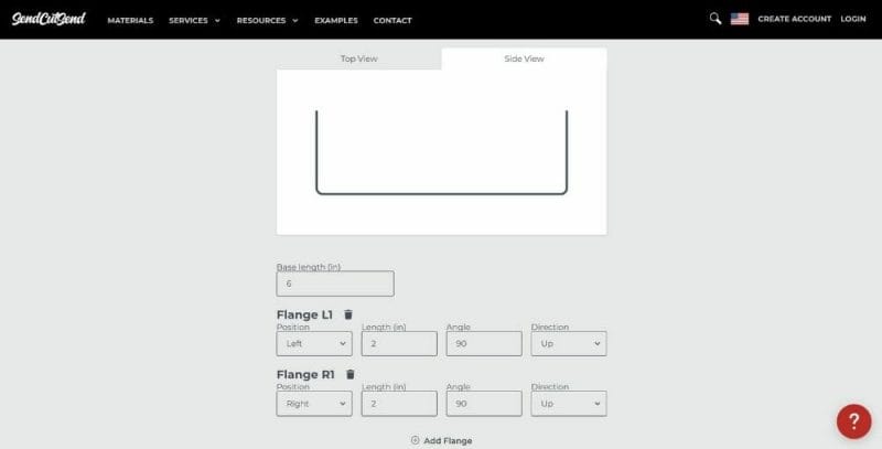 Screenshot of the SendCutSend bending calculator side view.