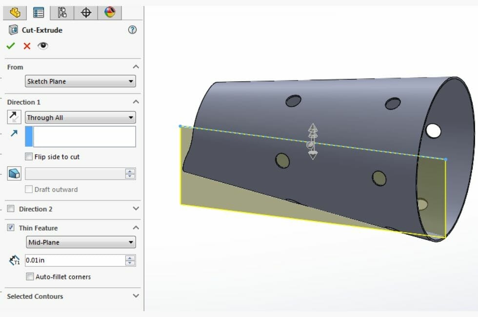 Screenshot showing how to use "cut-extrude" in the SolidWorks toolbar on a rolled sheet metal part.