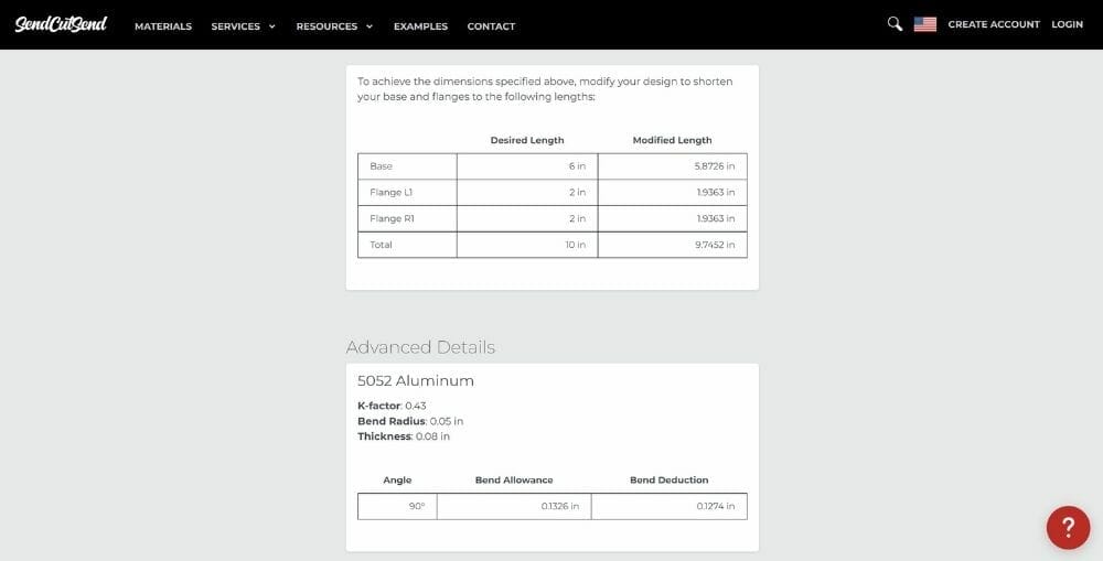 Screenshot showing the information from SendCutSend's bending calculator for 5052 aluminum in 0.08" thickness. 