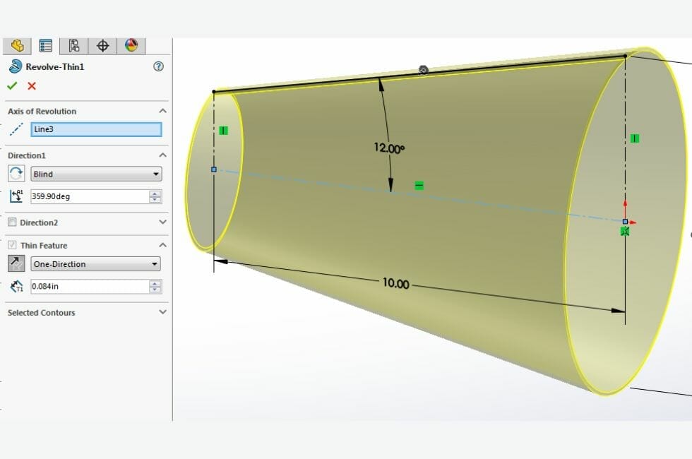 Screenshot showing the rolled sheet metal part selected and highlighted in yellow in SolidWorks. The dimensions are a 12 degree arc and 10inches long.