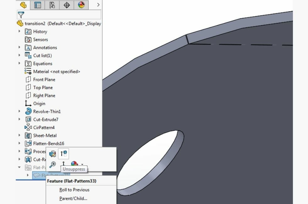 Screenshot showing the 3D model of the rolled part zoomed in on the seam where the two edges meet. The "Unsuppress" action is highlighted under the Tools menu in SolidWorks.