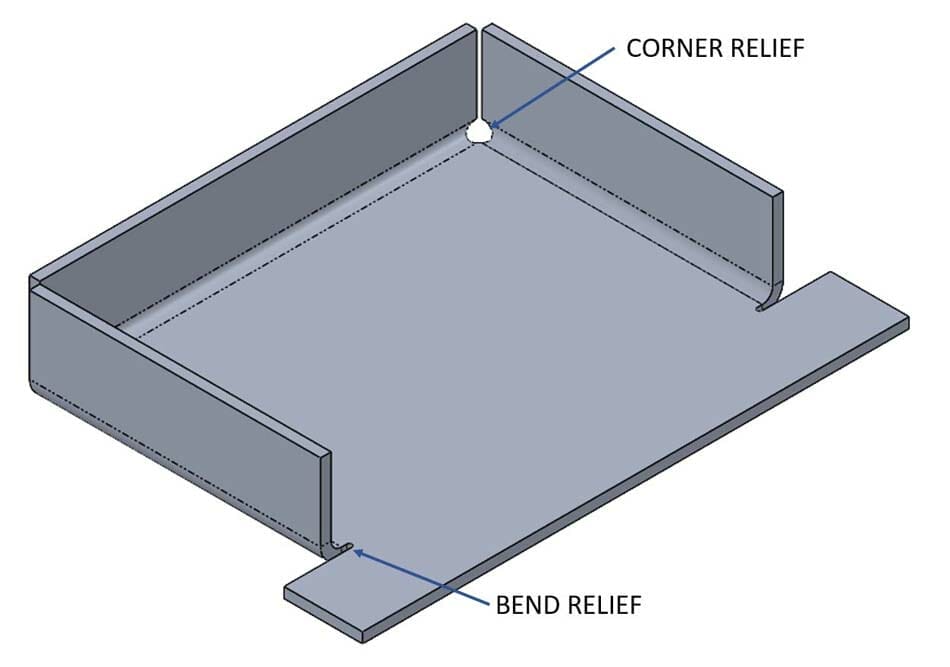 Image showing a bent part with a corner relief example and an obround bend relief example in opposite corners of the part.