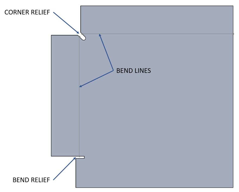 Image showing the same part from the previous image, but from a top view with the part laid out flat. There are arrows indicated bend lines.