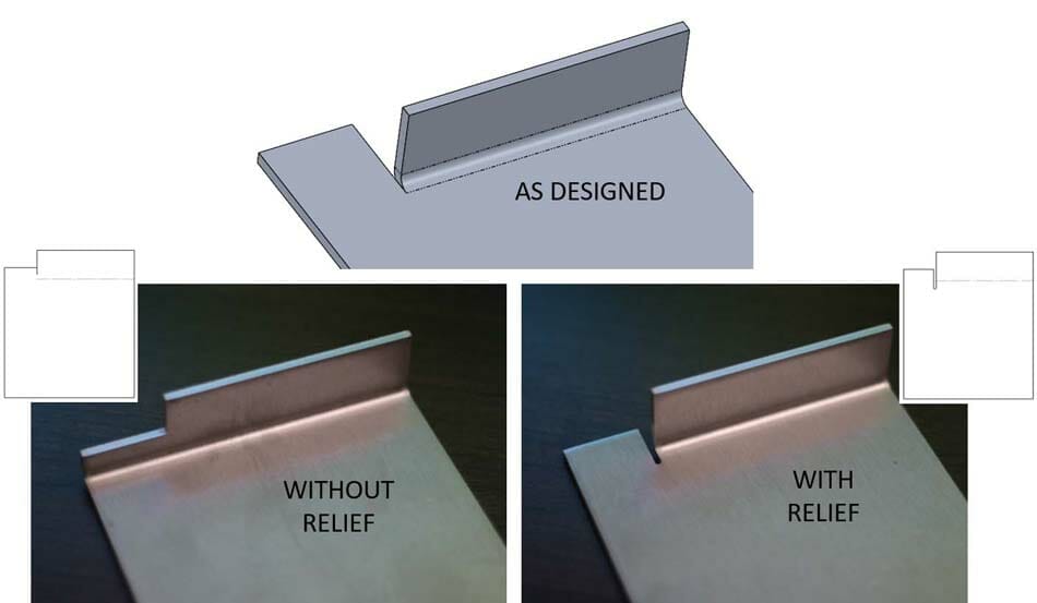 Image showing a modeled part and its physical counterpart with and without bend reliefs next to a flat 
(not bent) flange.