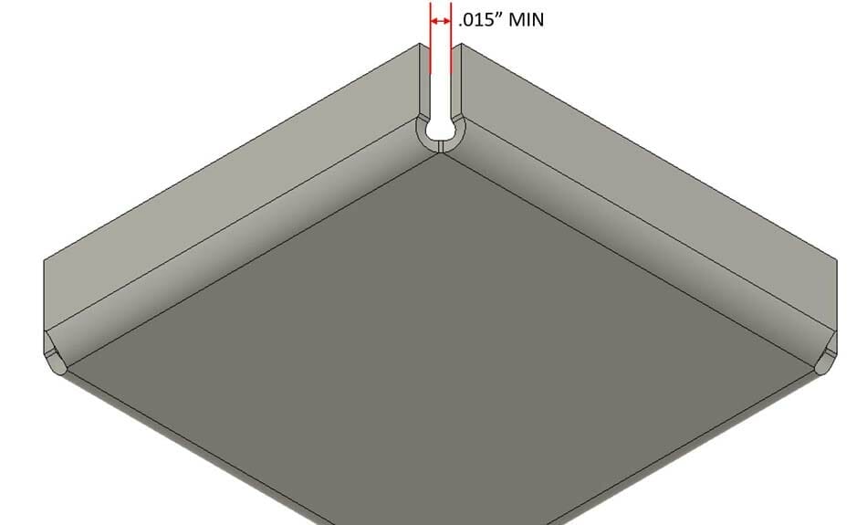 Image diagramming the necessary .015" minimum for bend relief corners