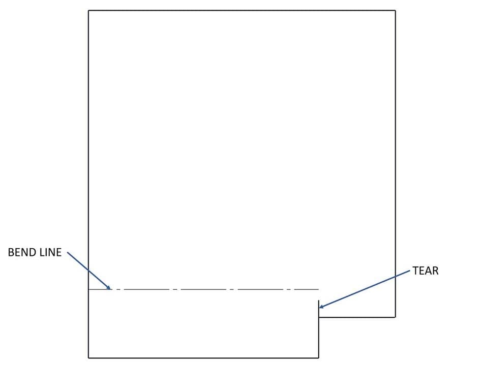 Image showing a no kerf cut as a "tear" between the bend and the flat flange. This is currently not possible to cut.