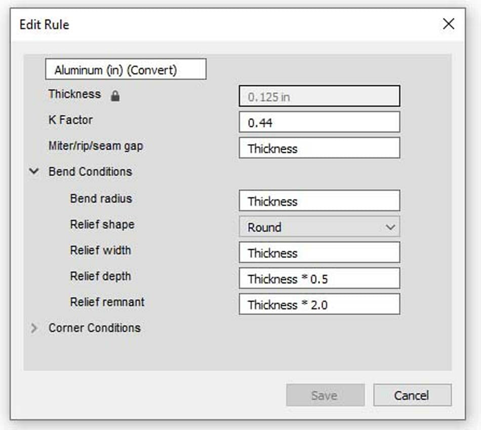Image showing the dialogue box in Fusion 360 for editing a sheet metal rule