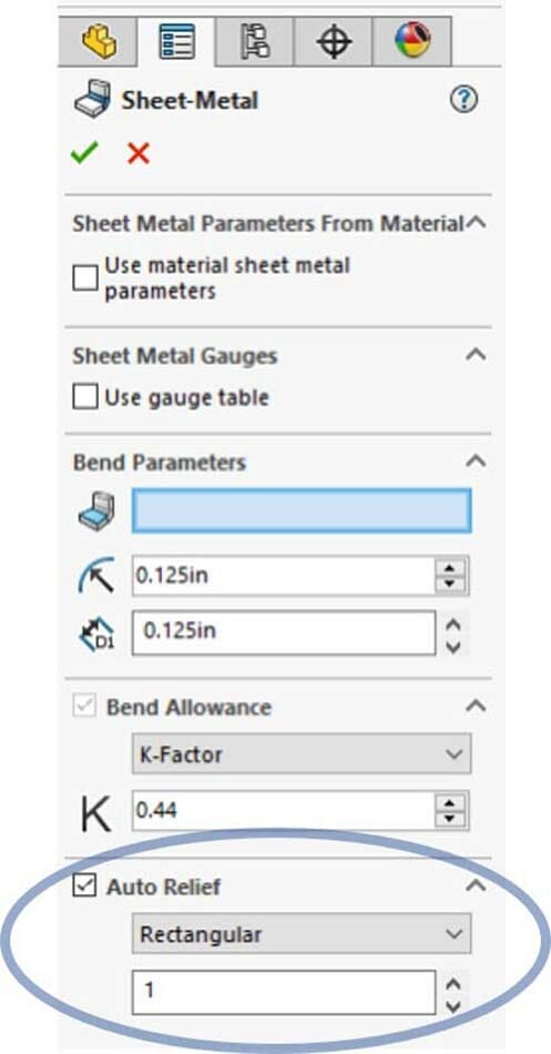 Image showing a circle around the default relief shape options in the SolidWorks dropdown