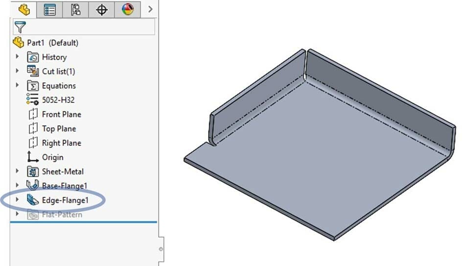 Image showing a circle around a selected Flange on the bent part in SolidWorks