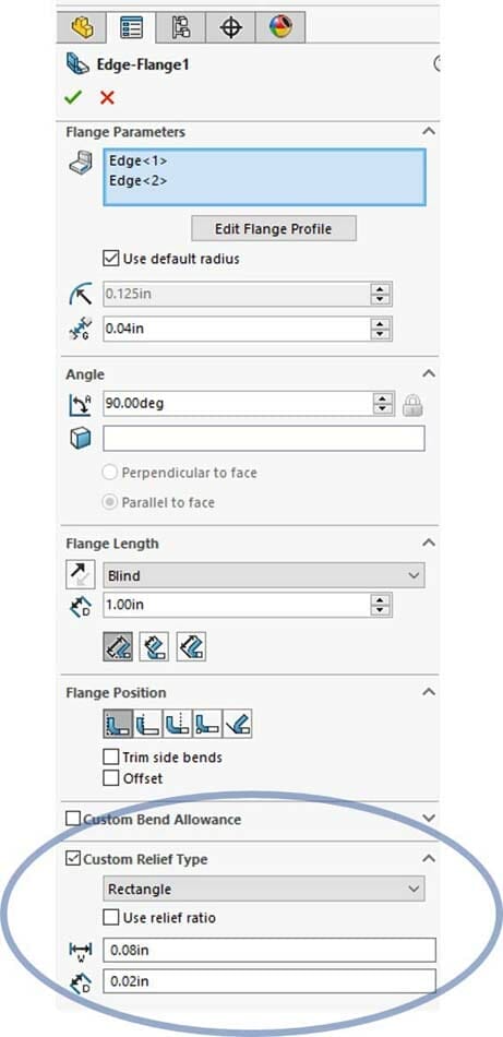 Image showing a circle around the dimension edit options for a custom relief type