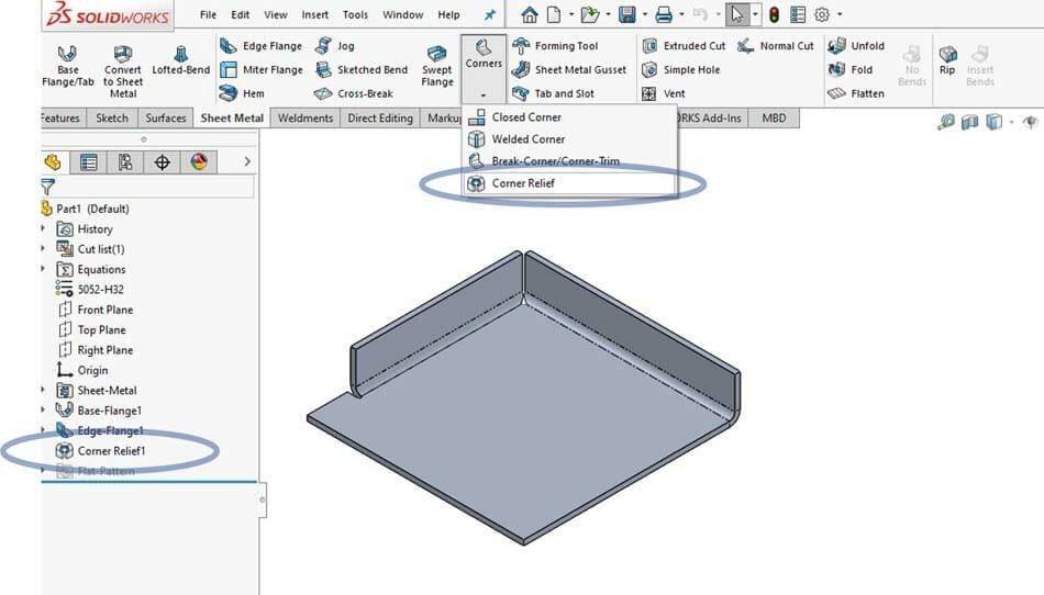 Image showing circles around the "Add a corner relief" options in SolidWorks