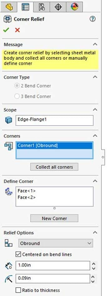 Image showing the Obround option selected for Corner 1 in the editing dropdown for SolidWorks