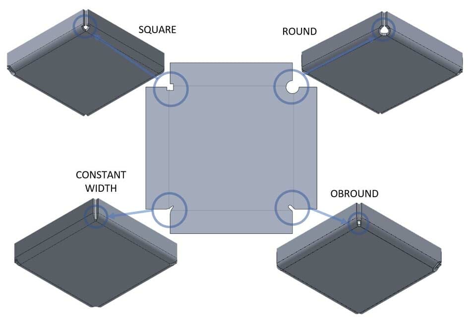 Image showing a bent part laid out flat with 4 different options for corner reliefs in an exploded view.