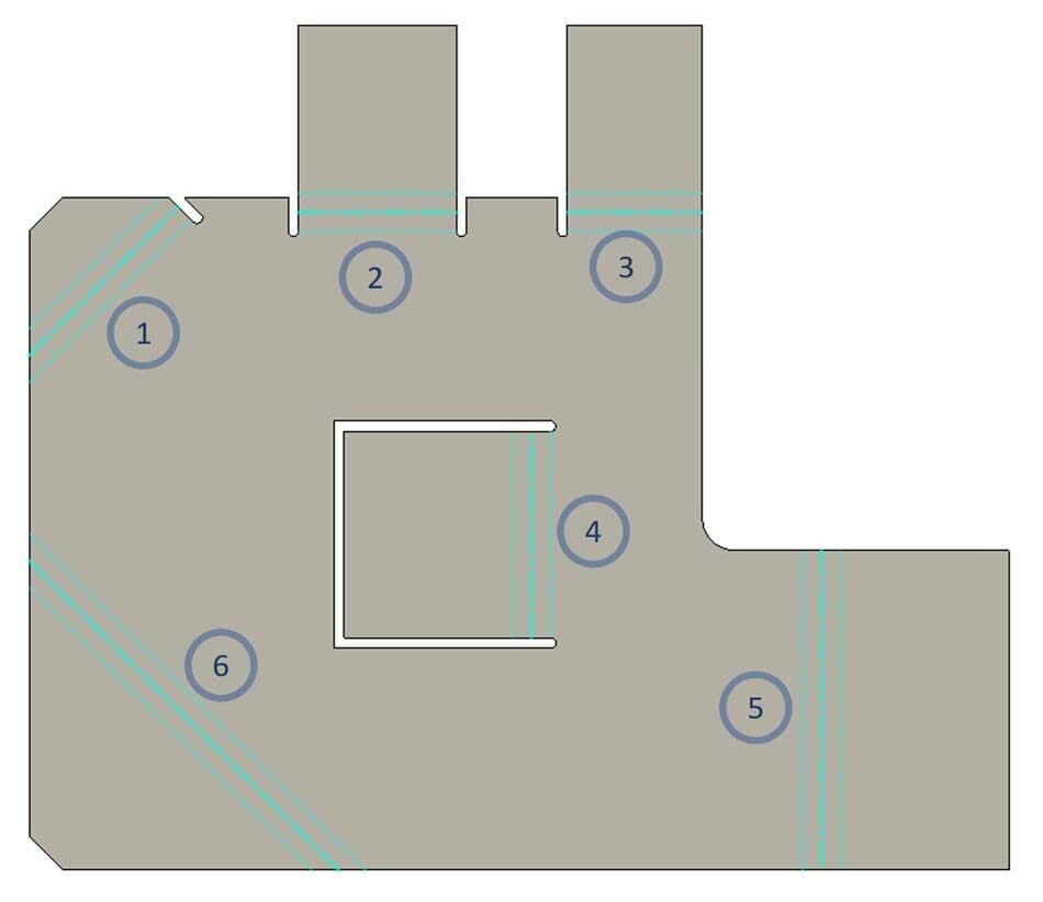 Image showing a part from the top view with 6 examples of potential bends that are flat.