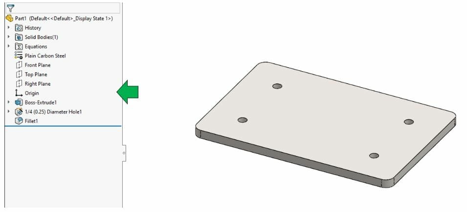 Image of a flat sheet metal part next to an organized feature tree, which is an aspect of parametric modeling that allows you to organize your file structure.