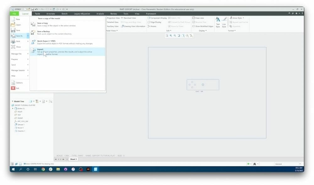 Screenshot showing the "Export" option highlighted under the file dropdown in Creo