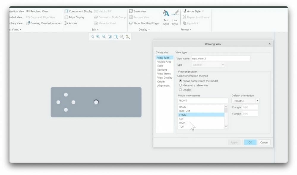 Screenshot showing how to change the orientation view of your part, with "FRONT" highlighted