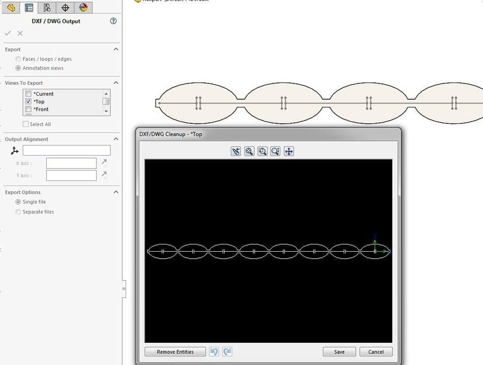 Image of the example part in the Preview Window, showing the outline and cut lines. All lines in the sketch are the same color