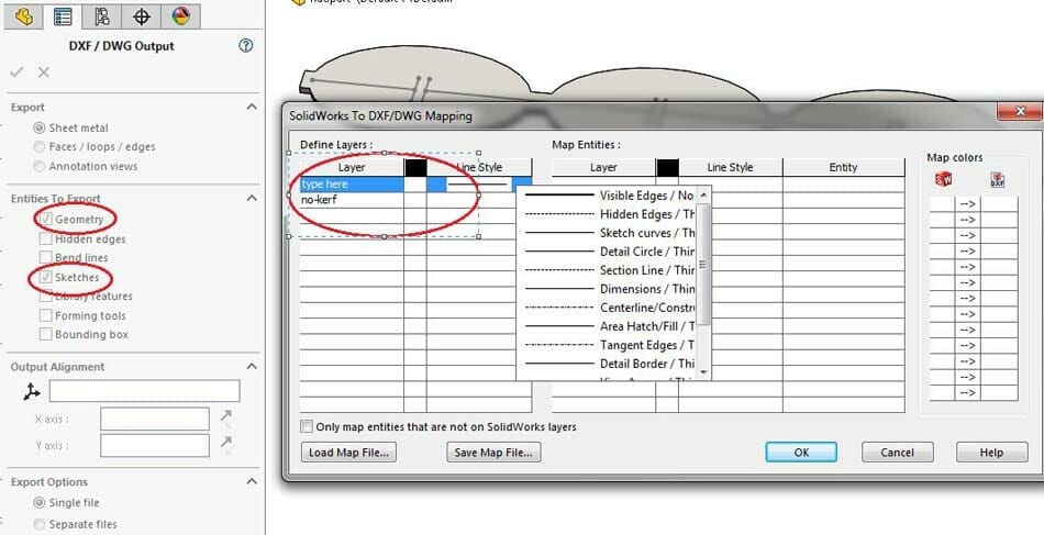 Image of the mapping specifications dialog box that opens when you save a DXF from Solidworks, with red circles around "Geometry", "Sketches," and "No-Kerf"