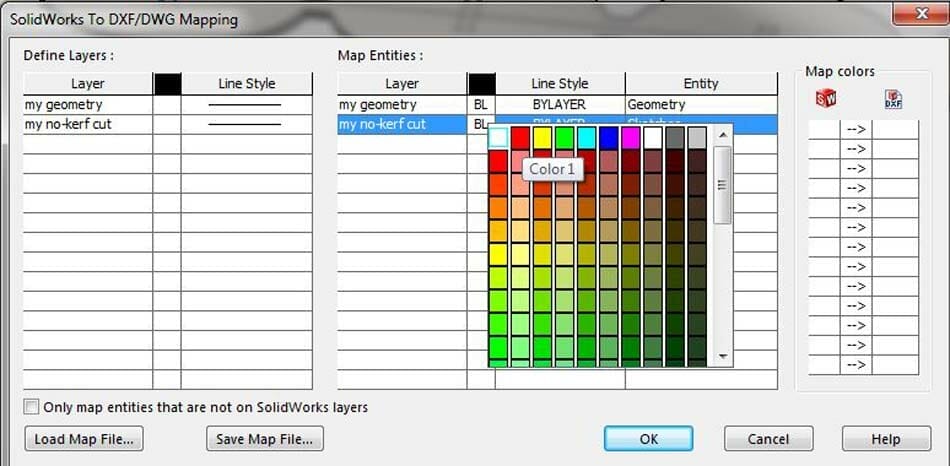 Image of the same dialog box from the previous image but with a color gradient selection box open next to "my no-kerf cut"