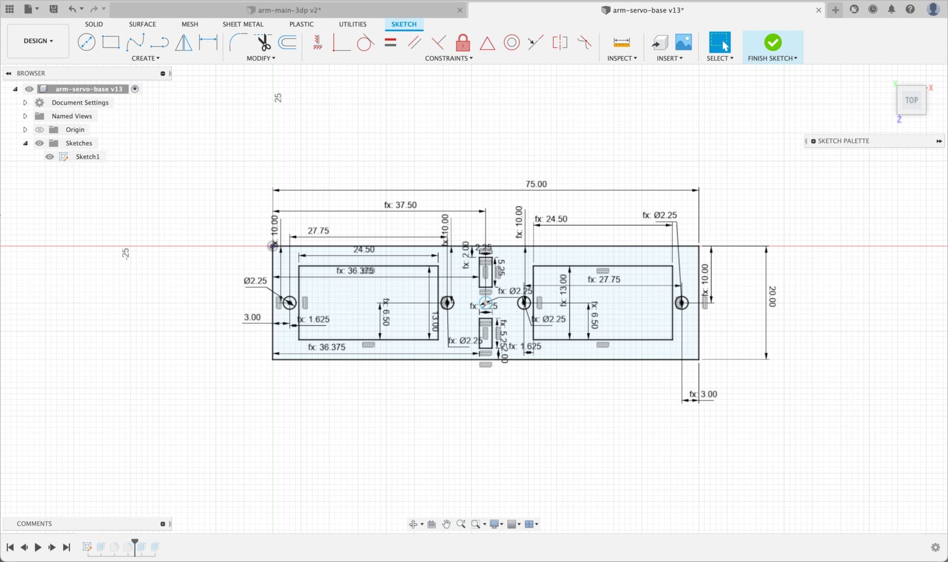 Screenshot of a part drawing with dimensions in Autodesk Fusion.