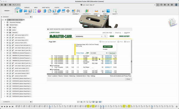gif of the McMaster-Carr plugin for Autodesk Fusion