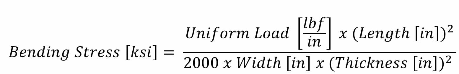 Image of the equation for calculating Bending Stress on a part with fixed supports and a uniformly distributed load, a common sheet metal failure