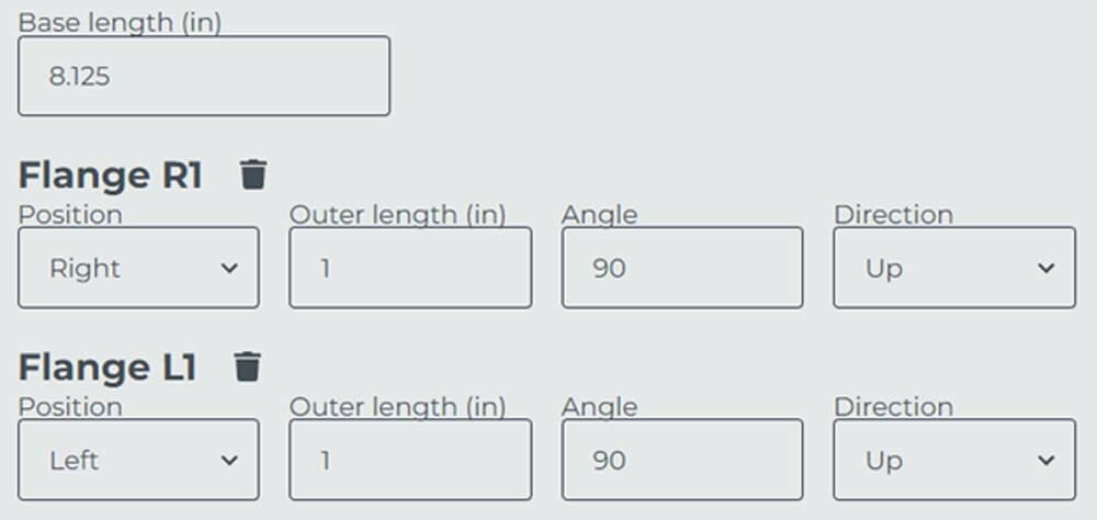 Screenshot of the SendCutSend bending calculator with the specified values input