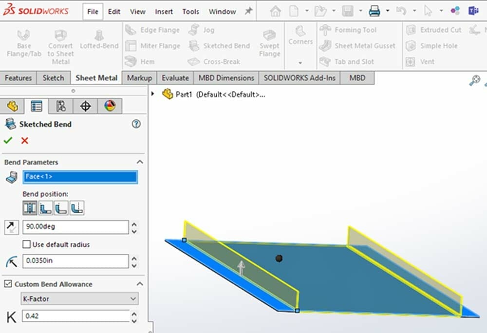 Screenshot of the Sketched Bend dialog box in SolidWorks with the flanges highlighted in the rendering next to it