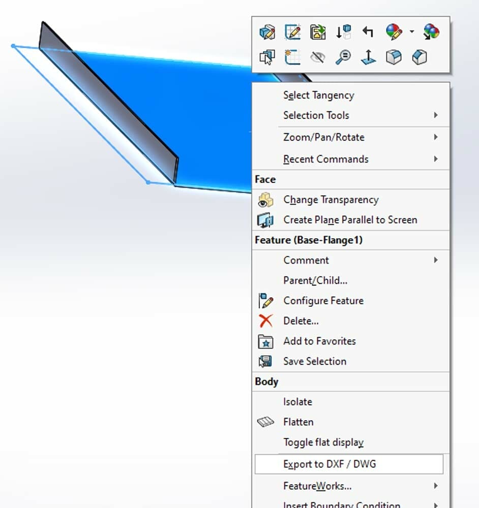 Screenshot of the export dropdown menu in SolidWorks, with Export to DXF/DWG highlighted.