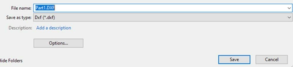 Screenshot of the save dialog box in SolidWorks with the "Save As Type" set to Dxf.