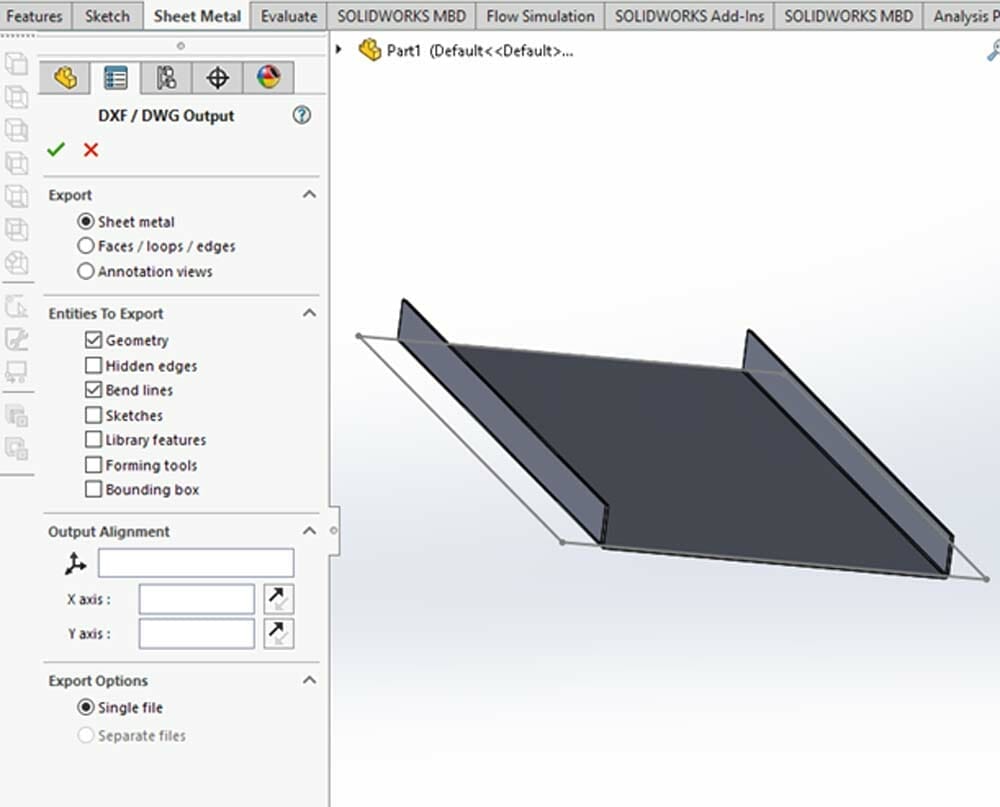 Screenshot of the DXF/DWG Output selection menu in Solidworks