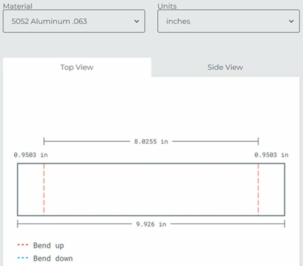 Screenshot of the part preview in the SendCutSend bending calculator