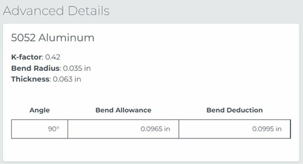 Screenshot of the Advanced Details in the SendCutSend bending calculator